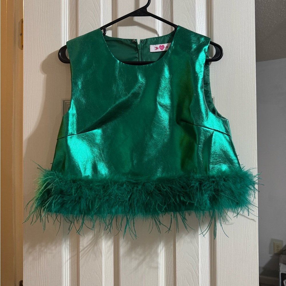 Green Sleeveless Top with Feather Trim